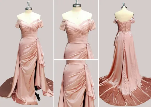 Vista 3 de Vestidos de graduación con hombros descubiertos, vestido de fiesta fruncido, vestido de sirena con abertura formal, vestidos de noche para mujer