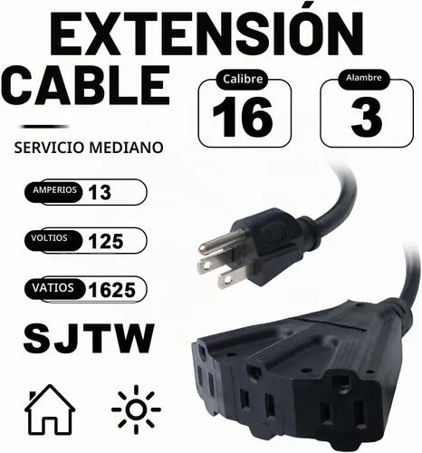 Vista 2 de EP Cable de extensión para exteriores de 6 pies, 16/3 SJTW, 3 tomas de corriente eléctrica, negro Enchufe a tierra de 3 puntas, para luces