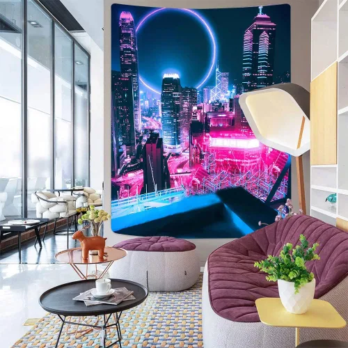 Vista 2 de Aidatain Tapiz de juego punk grande de 60 x 80 pulgadas, tecnología futurista, paisaje urbano, rascacielos, estético, tapices de franela para colgar