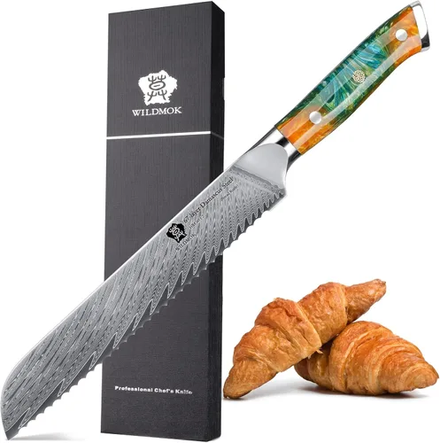 Vista 10 de WILDMOK Cuchillo de pan de acero dentado de Damasco, cuchillo de pan dentado de 8 pulgadas, mango ergonómico de resina de espiga completa, afilado