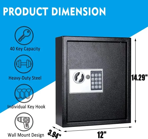 Vista 2 de UMEKEN Caja de llaves de montaje en pared con 40 posiciones, caja de seguridad digital para armario de automóvil con código, caja de seguridad