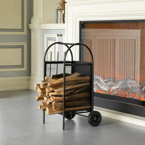 Vista 6 de Carrito de leña para patio interior y exterior, con ruedas y juego de herramientas para chimenea, color negro