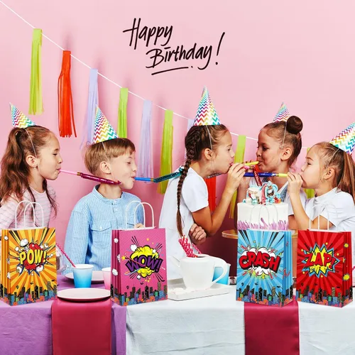 Vista 7 de Pajean 18 bolsas de regalo de fiesta de héroe de cómic, papel de estraza de héroe, bolsas de regalo con asa temática de boom, suministros