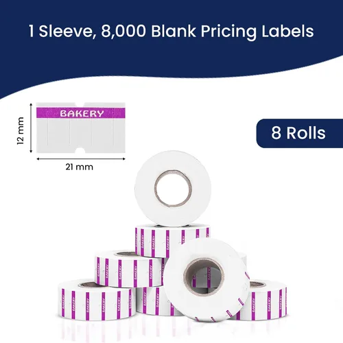 Vista 3 de Perco 1 línea de impresión inversa morada en etiquetas blancas de panadería, 8,000 etiquetas para pistolas Perco Lite, X, Plus y Pro, con diseño a
