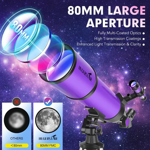 Vista 2 de Telescopio, telescopio para adultos y niños y principiantes de astronomía, apertura de 80 mm, longitud focal de 600 mm, telescopio refractor