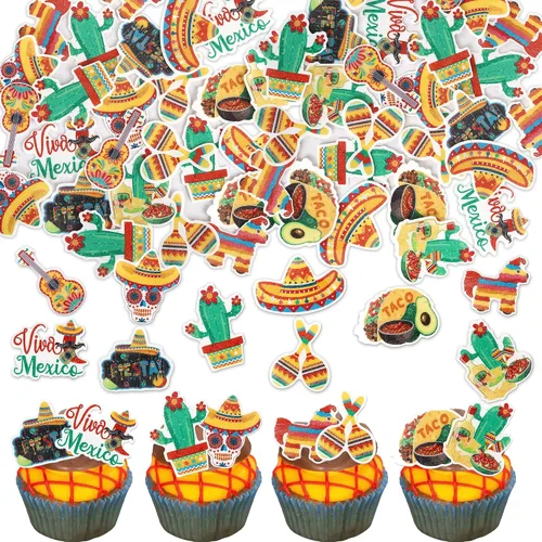 Vista 14 de Paquete de 40 adornos para cupcakes de fiesta de cactus, burro, maraca, sombrero, pimienta, guitarra, magdalenas, para fiesta mexicana, baby shower