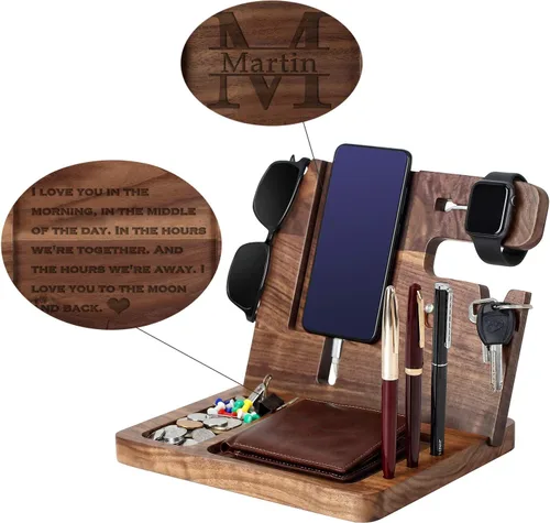 Vista 8 de Regalo personalizado para hijo – Estación de acoplamiento de madera, organizador de escritorio grabado personalizado, estación de acoplamiento