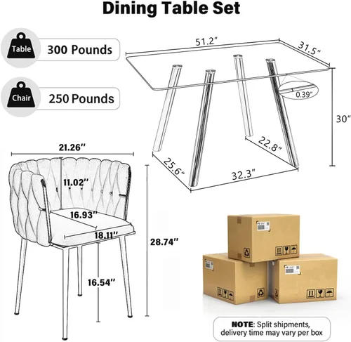 Vista 3 de Glam Style - Juego de mesa de comedor de 5 piezas para 4, mesa de comedor rectangular de vidrio templado de 51 pulgadas con base de metal dorado