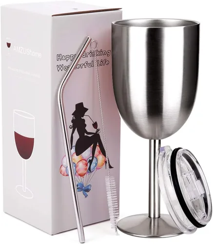 Vista 10 de AMZUShome Copas de vino de acero inoxidable. Vaso de vino de doble pared aislado al vacío con tapa y pajita. Amistad, Navidad, regalos de cumpleaños