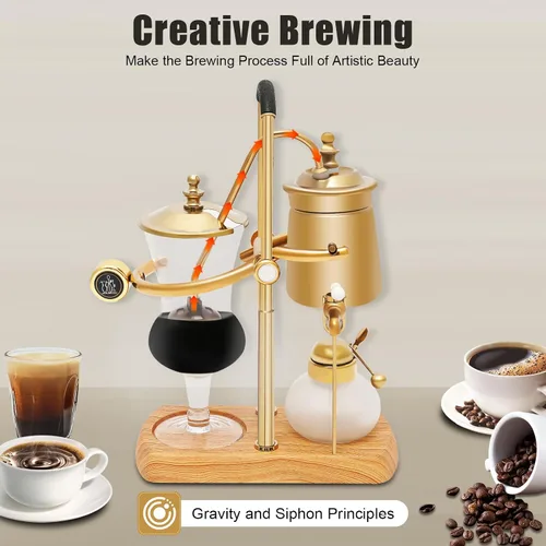 Vista 4 de Belga Royal Coffee Machine Set Balance Syphon Sifon Cafetera Gold Sifon Brewer 15oz 13.5 fl oz Dorado