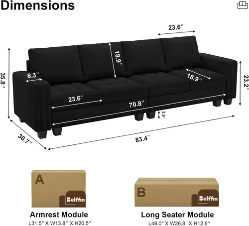 Vista 2 de Belffin Sofá modular de terciopelo de 4 asientos, sofá seccional de 4 asientos para sala de estar, color negro