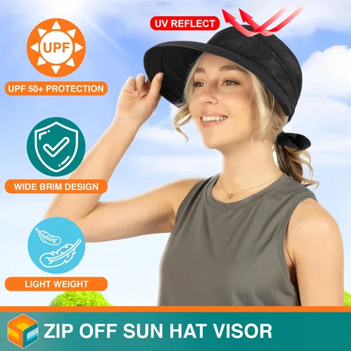 Vista 39 de SUN CUBE Sombrero de sol para mujer para protección UV al aire libre, sombrero de sol de ala ancha, cola de caballo, sombrero de playa convertible
