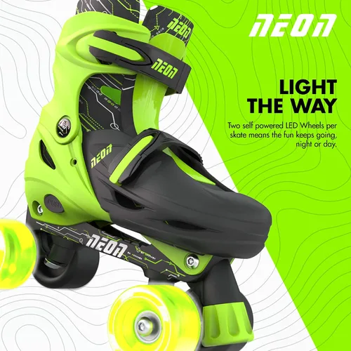 Vista 5 de Yvolution Patines combinados de neón, patines 2-1 cuádruple y en línea para niños con ruedas LED, tamaño ajustable (verde, 3 a 6)