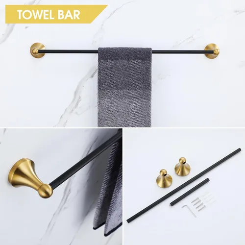 Vista 3 de Juego de Herrajes de Baño Dorado Cepillado y Negro, Kit de Accesorios de Baño Negro y Dorado de 4 Piezas de Acero Inoxidable Barra de Toalla de 23.6