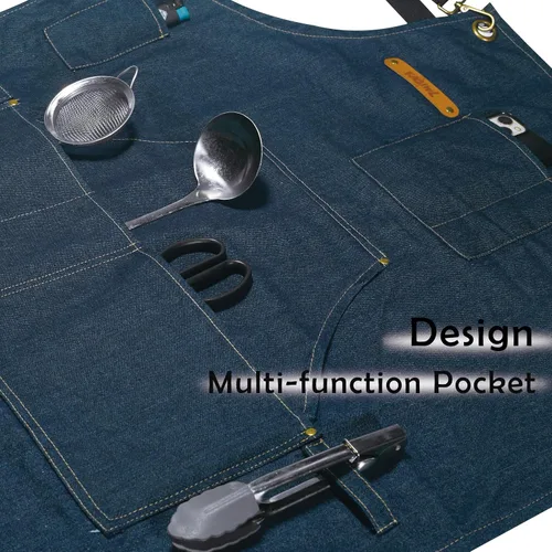 Vista 5 de Professional Unisex Chef Apron Cross-Back, Large Pockets, Water-Resistant Cotton Canvas