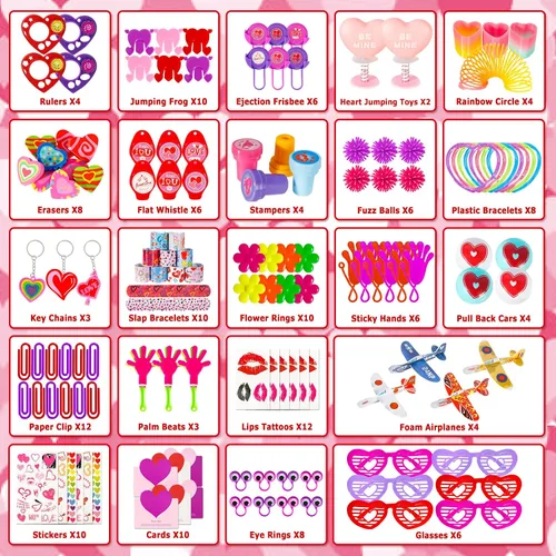 Vista 2 de Thuodo 156 piezas de juguetes surtidos para el día de San Valentín, regalos de intercambio de aula, mini calcomanías, sellos, premios de fiesta