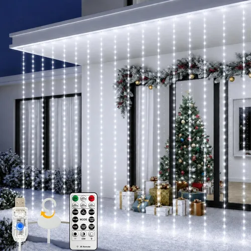 Vista 9 de HXWEIYE - Tira de 300 luces LED, cortina de guirnaldas navideñas con enchufe USB, 8 modos, control remoto para decoración de pared, fondo de Rojo