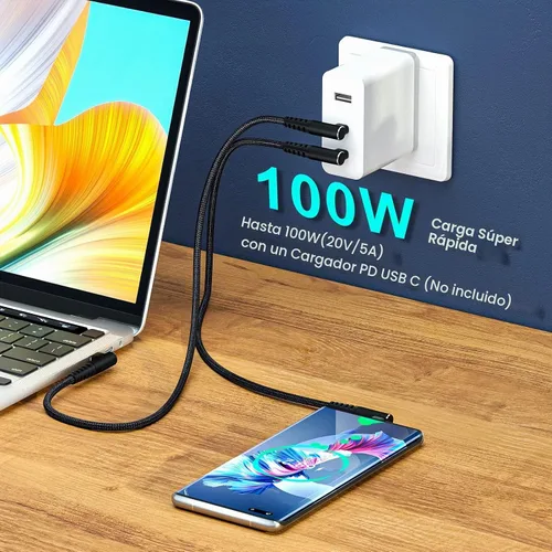Vista 3 de Cable USB C a USB C de 100 W, 1 pie de 90 grados, nailon trenzado de carga