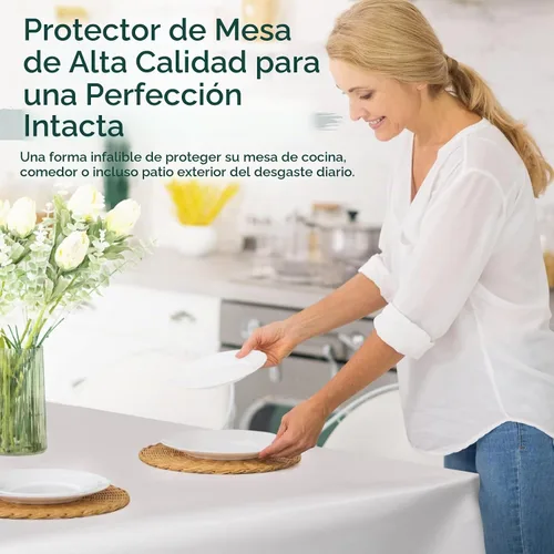 Vista 2 de Protector de mesa de alta calidad, protección superior contra derrames, arañazos y calor, mantel de vinilo reutilizable con respaldo de franela