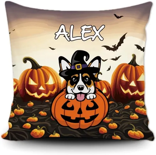 Vista 22 de Funda de almohada personalizada de Halloween, perro labrador con sombrero de bruja, calabaza, Halloween, cachorro, funda de cojín decorativa de lona