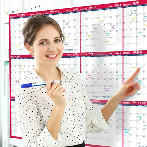 Vista 9 de Calendario grande de borrado en seco para pared, calendario anual de pared, 58 x 37 pulgadas, calendario en blanco sin fecha de 12 meses, calendario