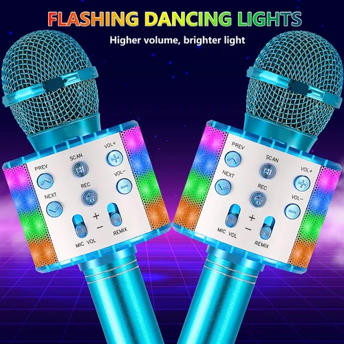 Vista 7 de Micrófono de karaoke para niños, inalámbrico Bluetooth portátil de mano, micrófono de karaoke para cantar, con luces LED, regalo para niñas, niños