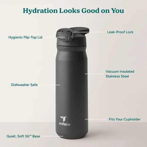 Vista 3 de REDUCE Hydrate Pro - Botella de agua aislada de acero inoxidable de 24 onzas, tapa abatible a prueba de fugas, apta para lavavajillas, sin BPA, Negro