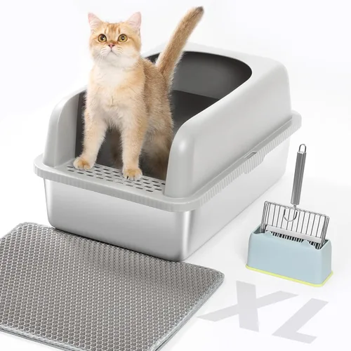 Vista 4 de Caja de arena para gatos de acero inoxidable XL para gatos grandes- Caja de arena de metal extra grande con tapa, incluye pala de arena de metal