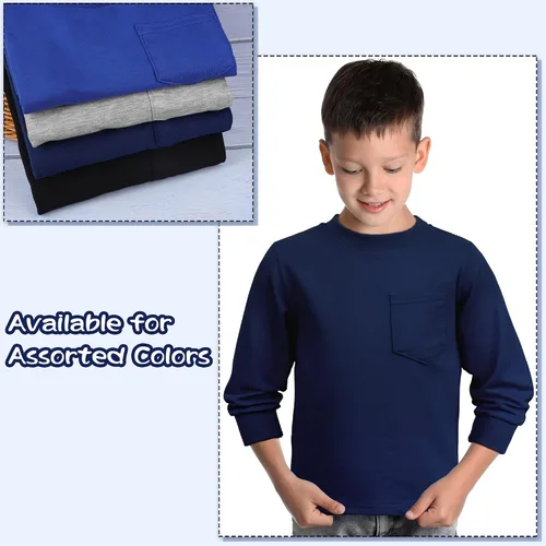 Vista 4 de Cooraby Paquete de 4 camisetas térmicas de manga larga para niños pequeños, de algodón, con bolsillo, cuello redondo