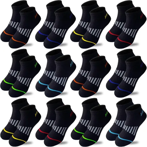 Vista 23 de 12 pares de calcetines de algodón atléticos para niños, calcetines de algodón medio acolchados de corte bajo