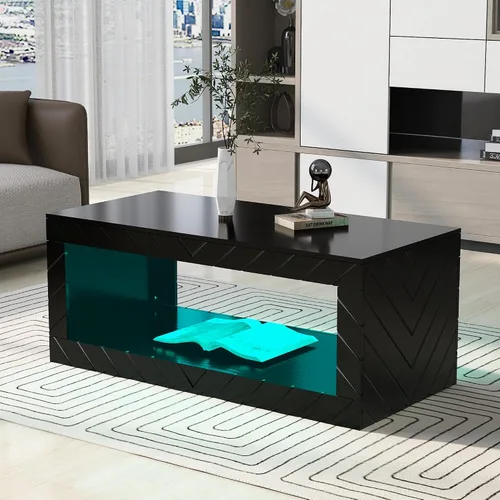Vista 3 de LUMISOL Mesa de centro LED con almacenamiento abierto, moderna mesa de centro de alto brillo con 16 luces LED de colores, mesa central rectangular