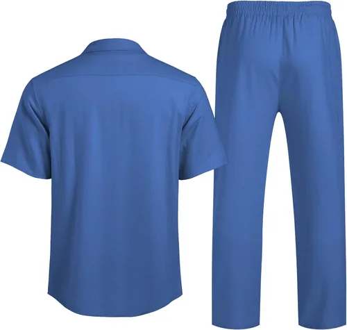 Vista 3 de COOFANDY Conjunto de ropa de lino de 2 piezas para hombre camisa con botones y pantalones sueltos