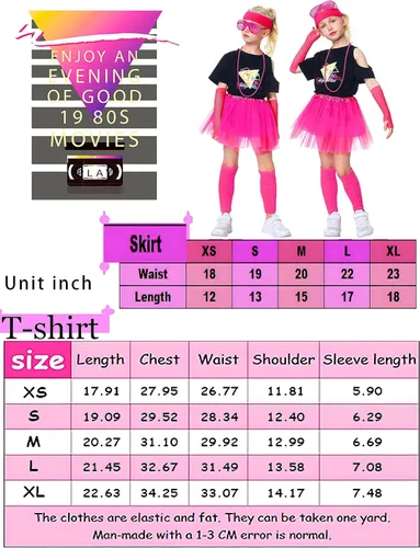 Vista 3 de Yulefly Juego de 9 accesorios de disfraz de los años 80 para niños, camiseta de fiesta, tutú elegante, para cosplay, fiesta de los años 80 para niñas