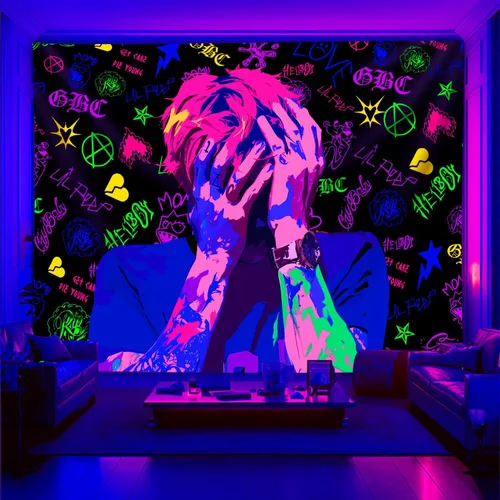 Vista 10 de PSYHILAR Blacklight Lil Peep Tapestry, Pósteres de Luz Negra para Dormitorio, Bandera UV Star Shopping Rapper (40 x 30 Pulgadas)