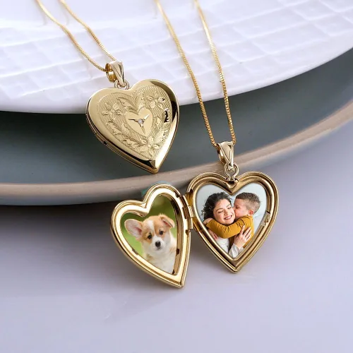 Vista 7 de PicturesOnGold.com Medallón de fotos de corazón floral relleno de oro de 14 quilates con diamante, 34 pulgadas x 34 pulgadas, incluye cadena de 18