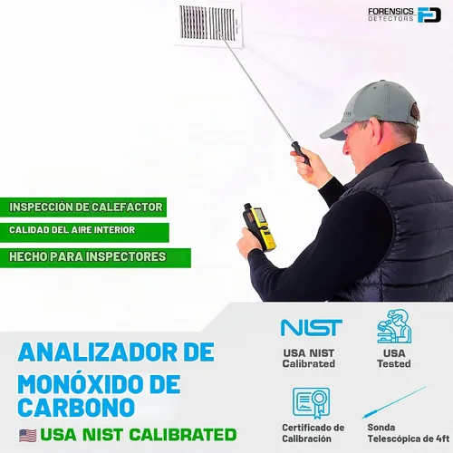 Vista 2 de Detector de monóxido de carbono para inspectores de Forensics Calibración rastreable NIST de EE. UU. Registro de datos de computadora Bomba