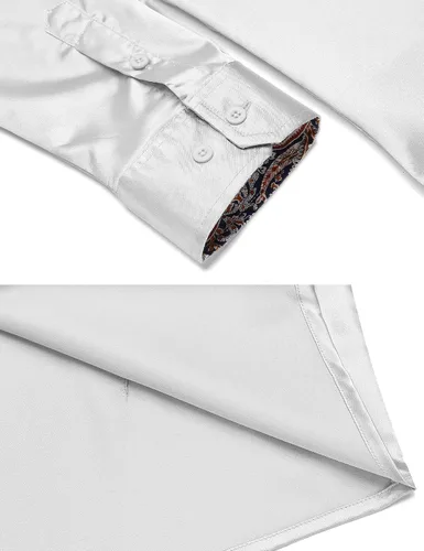 Vista 6 de COOFANDY Camisas de vestir de satén para hombre, casual, manga larga, floral, con botones, casual, de seda, ajustadas, para boda, graduación