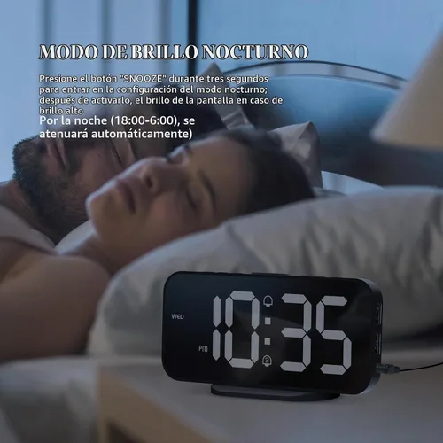 Vista 7 de Reloj despertador digital para dormitorio, superficie de espejo LED de 6.7 pulgadas con 2 puertos de carga USB, brillo ajustable, alarma doble Negro