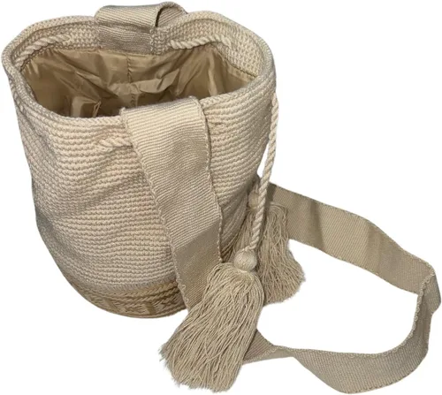 Vista 2 de Colombian Mochila Authentic WAYUU Finest Handmade Cross Body Fringe Straw Bag Medium BeigeGold New