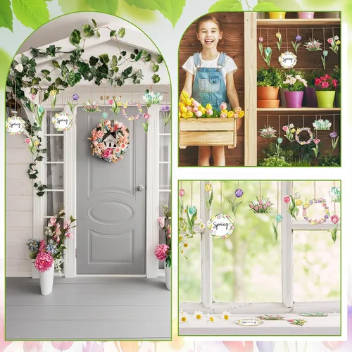 Vista 5 de Wenqik 36 adornos de primavera para árbol, flor de primavera, tulipán, decoraciones de bosque, decoraciones de árbol de Pascua, letrero colgante