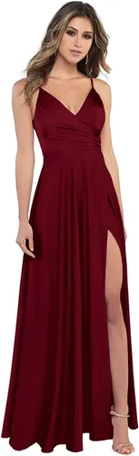 Vista 6 de HSFIYAKJ V-Neck Bridesmaid Dresses Long Spaghetti Satin Slit Prom Formal Evening Party Dresses with Pockets
