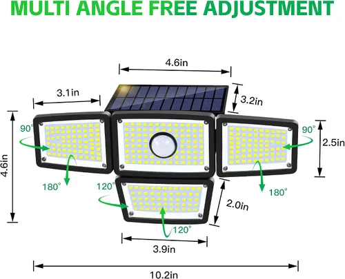 Vista 8 de Lámpara Solar con Sensor de 4 Cabezales, Luces Exteriores con Sensor de Movimiento 3000LM, 283 LED, 6500 K, Sensor de Movimiento, IP65 Impermeable