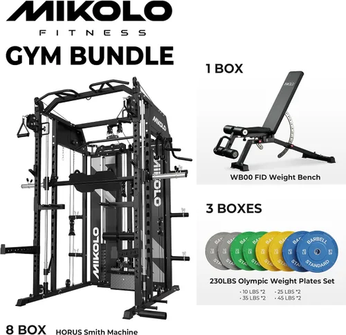 Vista 2 de Mikolo - Máquina Smith con pila de pesas, sistema de gimnasio en casa tipo jaula de potencia con tracción LAT y cruce de cable, entrenador