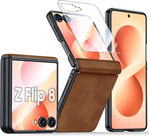 Vista 25 de para Samsung Galaxy Z Flip 7 Funda con protección de bisagras y protector de pantalla incorporado, funda de cuero mate de policarbonato ultradelgada