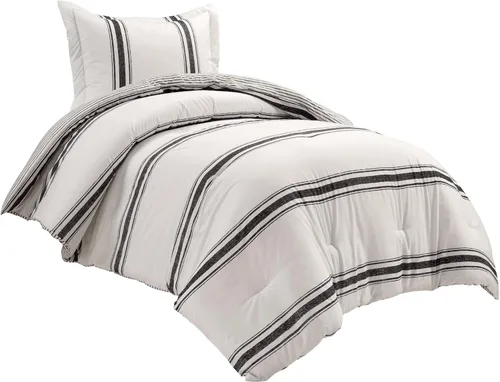 Vista 8 de Lush Decor Juego de edredón reversible de algodón a rayas de granja, 2 piezas, individual XL, negro, juego de ropa de cama individual, decoración