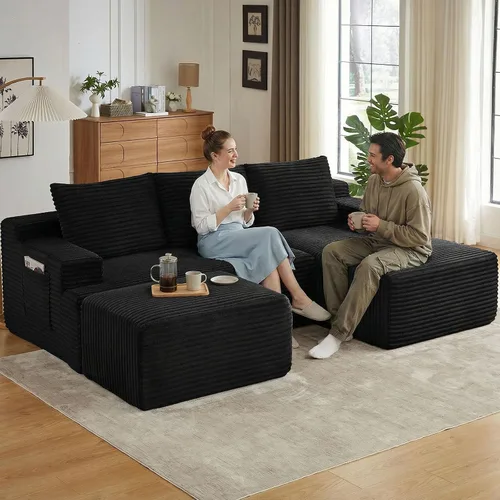 Vista 45 de Sofá seccional Cloud de 96 pulgadas, sofá deshuesado para sala de estar, sofá modular con asiento profundo, sofá de pana cómodo y esponjoso con Negro