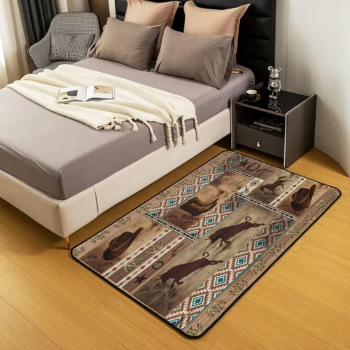 Vista 3 de Erosebridal Alfombra de vaquero occidental de 3 x 5, alfombra de caballo de toro para niños y hombres, alfombra azteca bohemia que no se desprende