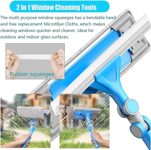 Vista 3 de Limpiador de ventanas, 2 en 1, herramienta de limpieza de ventanas, kit de equipo telescópico de lavado de ventanas con cabezal flexible y 2