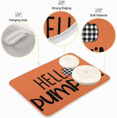 Vista 4 de Tapete de secado de platos naranja Hello Pumpkin para cocina, otoño, cosecha, tapete de secado de microfibra, absorbente y reversible, tapete grande