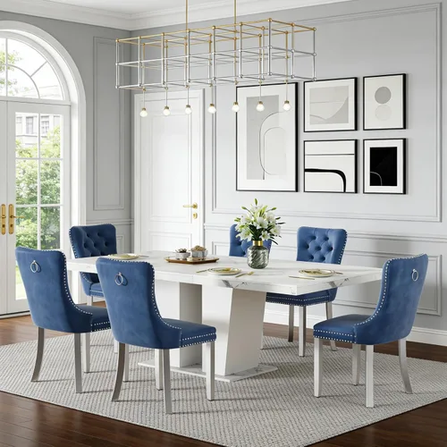 Vista 21 de Henf Juego de mesa de comedor extensible de 5 piezas para 4, mesa de cocina de imitación de mármol de 63"-79" con 4 sillas negras, juego de mesa